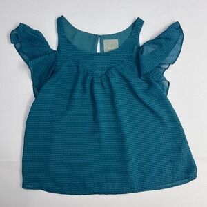 Maeve Tavin Open Cold Shoulder Blouse Size 0 Teal Blue Flutter Sleeve Checkered